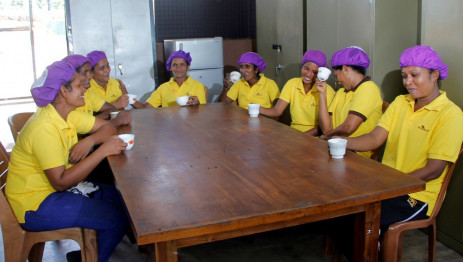 Workers having tea